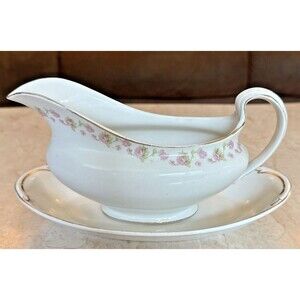 Johnson Bros Bone China England Gravy Boat & Under Plate Pink Roses Vintage UK